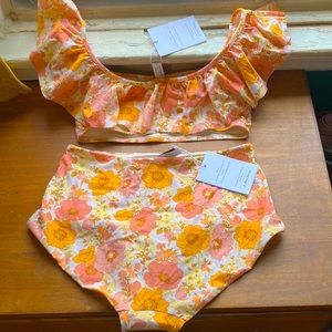 Brand New Floral Two-piece Swimsuit with Ruffle Top & High-waisted Bottom